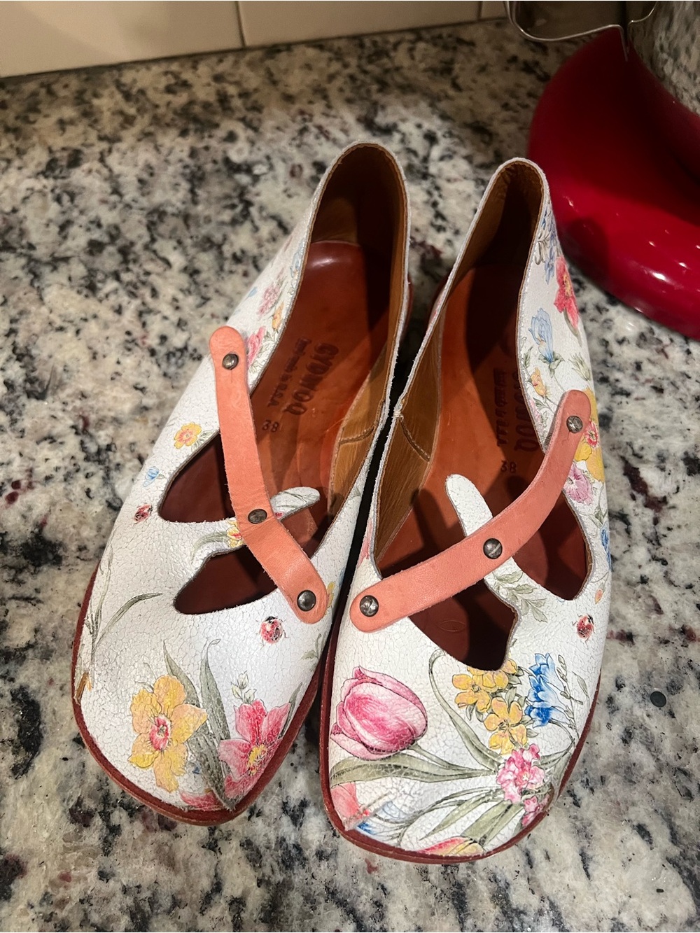 CYDWOQ Shoes Women Green EU38 Floral Leather Mary Jane Style Flat Made In USA